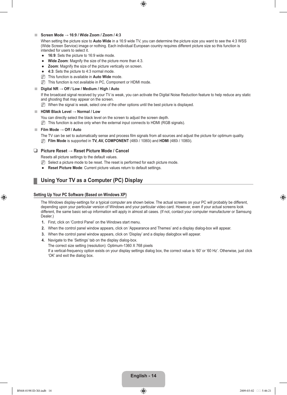 Using your tv as a computer (pc) display | Samsung BN68-01981D-01 User Manual | Page 16 / 38