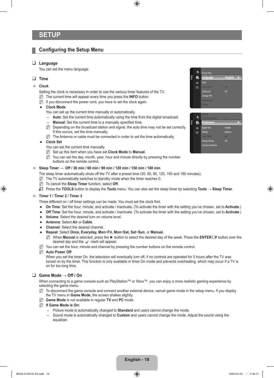 Setup, Configuring the setup menu | Samsung BN68-01981D-01 User Manual | Page 20 / 38