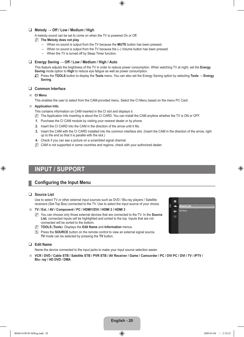 Input / support, Configuring the input menu | Samsung BN68-01981D-01 User Manual | Page 22 / 38