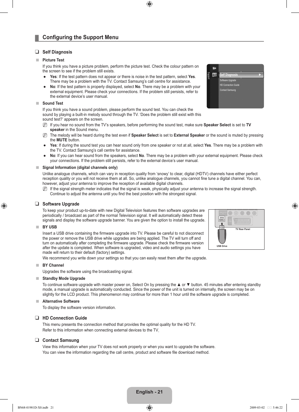Configuring the support menu | Samsung BN68-01981D-01 User Manual | Page 23 / 38