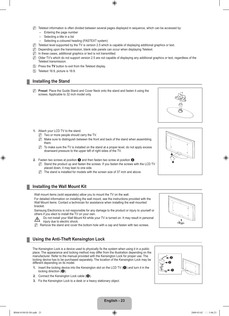 Installing the stand, Installing the wall mount kit, Using the anti-theft kensington lock | Samsung BN68-01981D-01 User Manual | Page 25 / 38