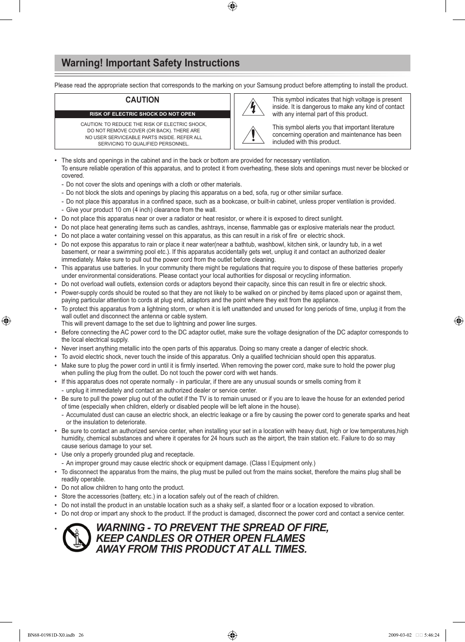 Warning! important safety instructions | Samsung BN68-01981D-01 User Manual | Page 28 / 38