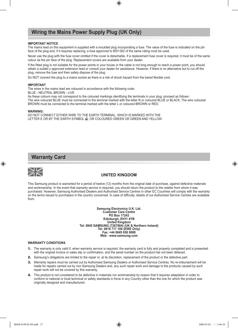 Wiring the mains power supply plug (uk only), Warranty card | Samsung BN68-01981D-01 User Manual | Page 29 / 38