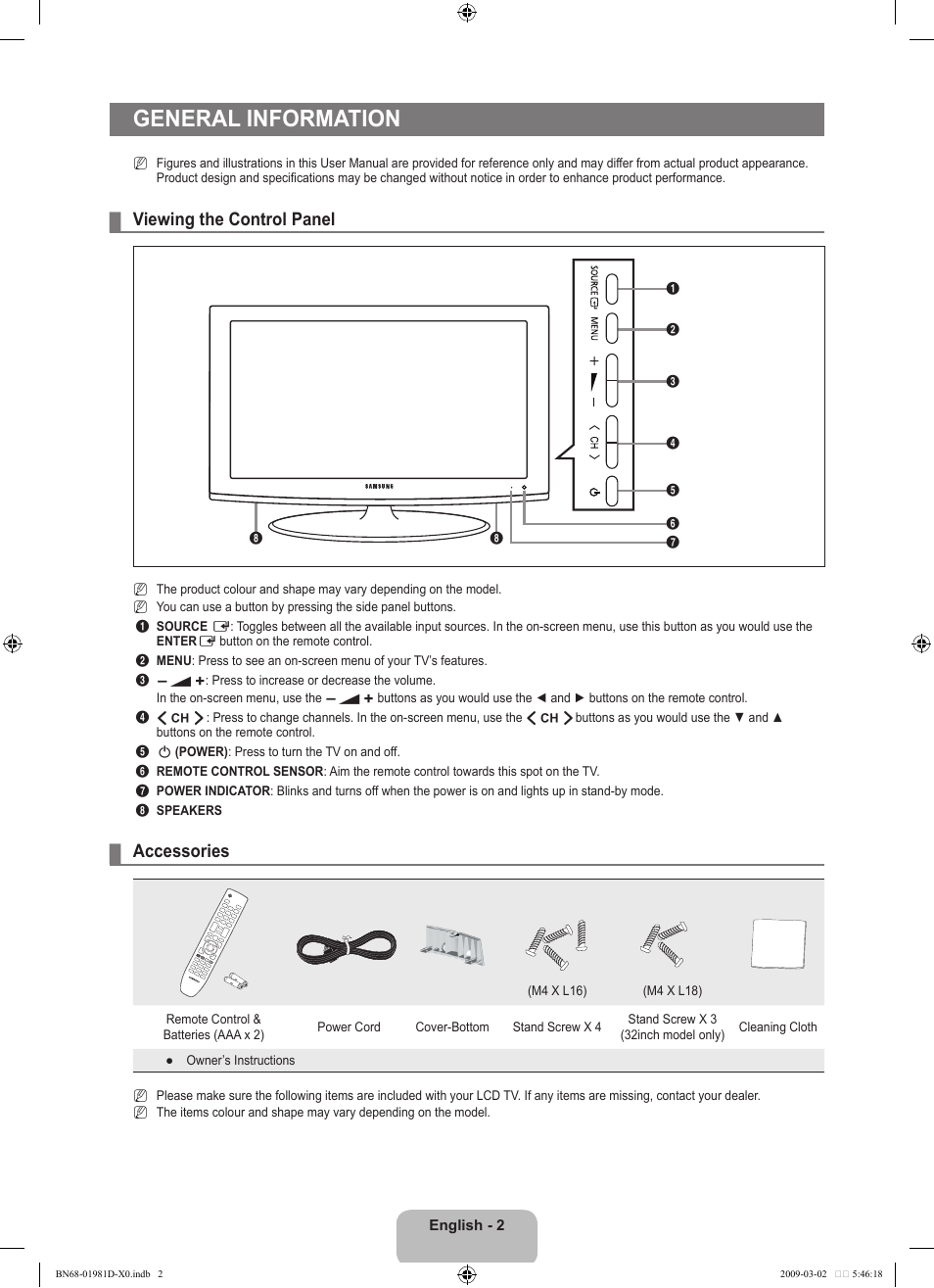 General information, Viewing the control panel, Accessories | Samsung BN68-01981D-01 User Manual | Page 4 / 38