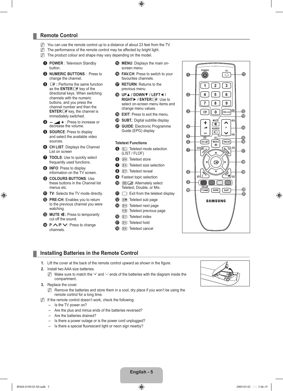 Remote control, Installing batteries in the remote control | Samsung BN68-01981D-01 User Manual | Page 7 / 38