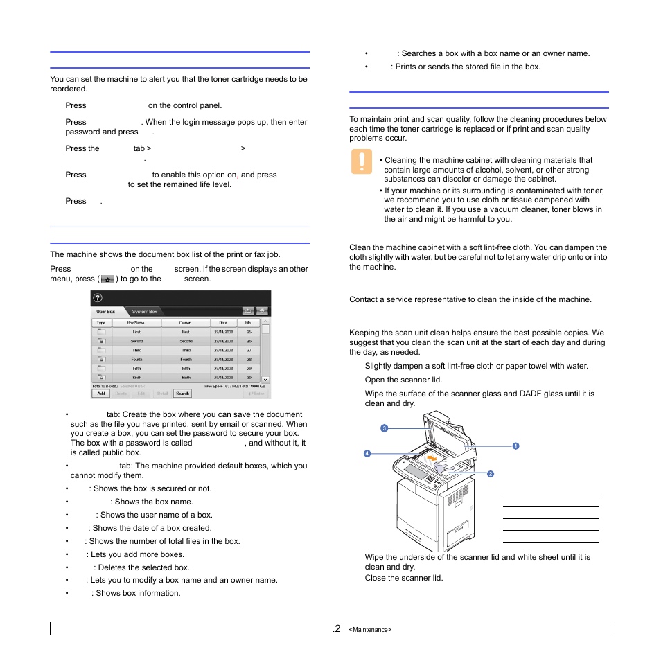 Sending the toner reorder notification, Checking document box, Cleaning your machine | Cleaning the outside, Cleaning the inside, Cleaning the scan unit, Sending the toner reorder notification checking do, Ge 13.2) | Samsung CLX-8540ND User Manual | Page 111 / 210