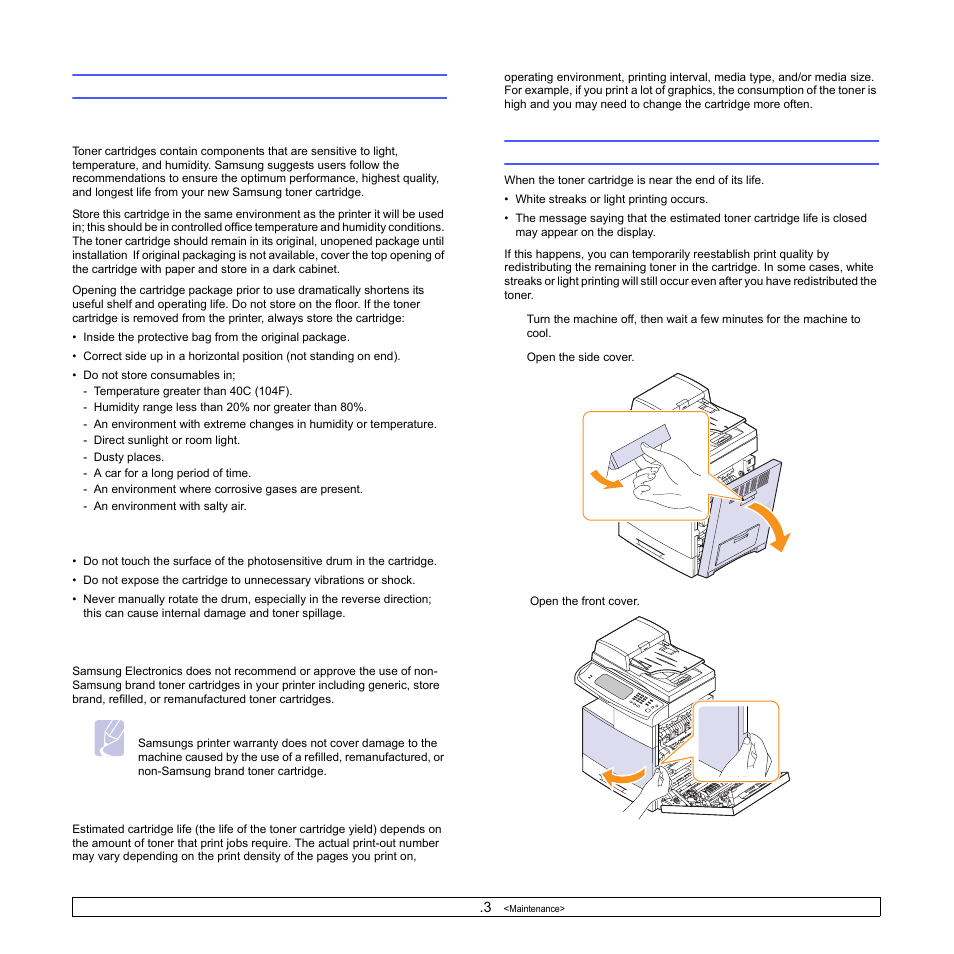 Maintaining the toner cartridge, Toner cartridge storage, Handling instructions | Use of non-samsung and refilled toner cartridge, Expected cartridge life, Redistributing toner | Samsung CLX-8540ND User Manual | Page 112 / 210