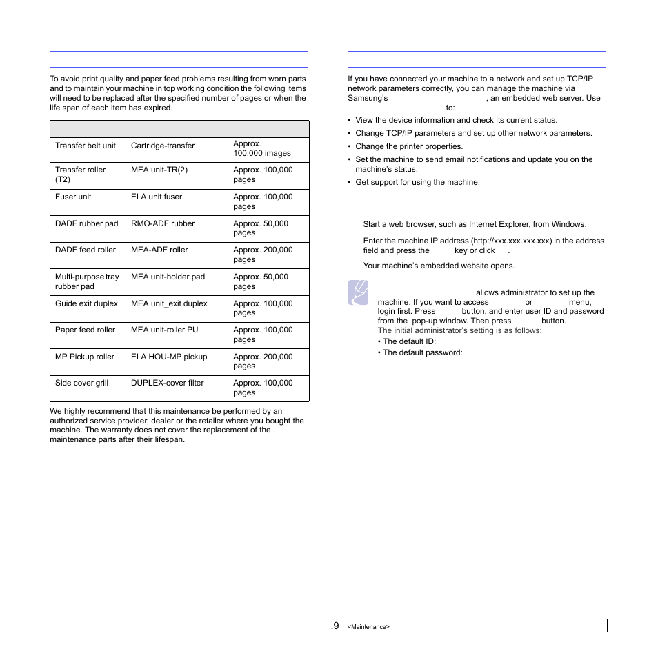 Maintenance parts, Managing your machine from the website, To access syncthru™ web service | To access, Ge 13.9) | Samsung CLX-8540ND User Manual | Page 118 / 210