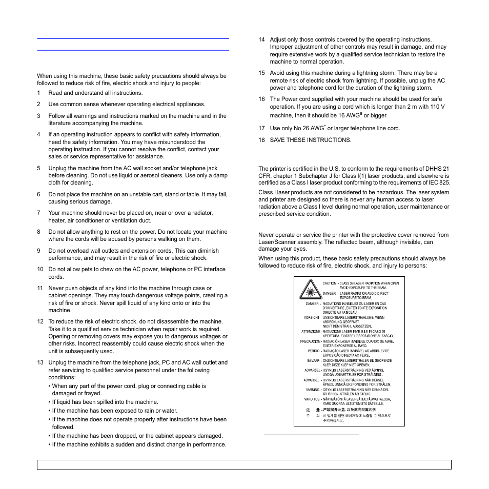 Safety and regulatory information, Important precautions and safety information, Laser safety statement | Samsung CLX-8540ND User Manual | Page 13 / 210