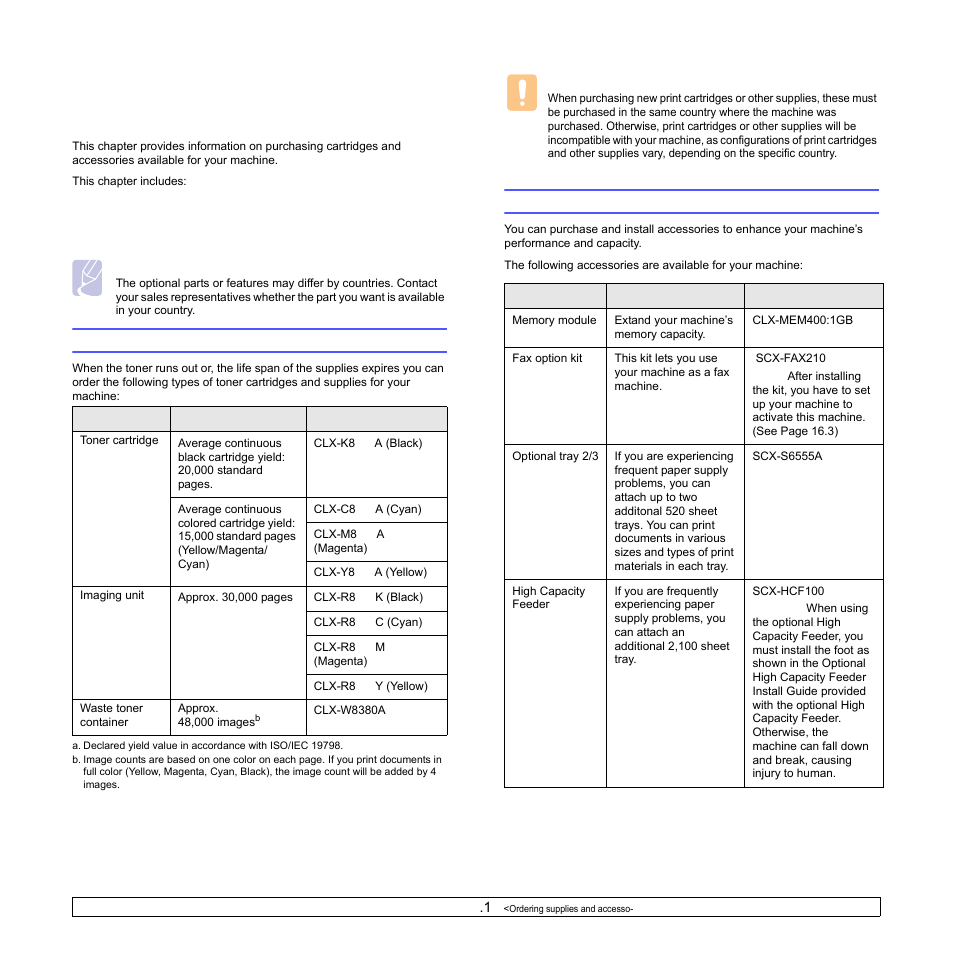 Ordering supplies and accessories, Supplies, Accessories | Supplies accessories, 1) and con | Samsung CLX-8540ND User Manual | Page 143 / 210