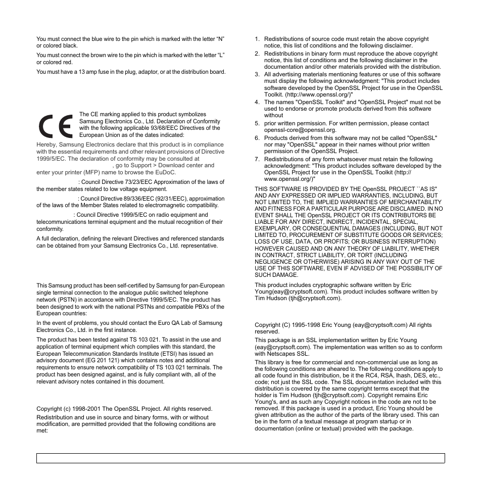 Declaration of conformity (european countries), Openssl license, Original ssleay license | Samsung CLX-8540ND User Manual | Page 16 / 210