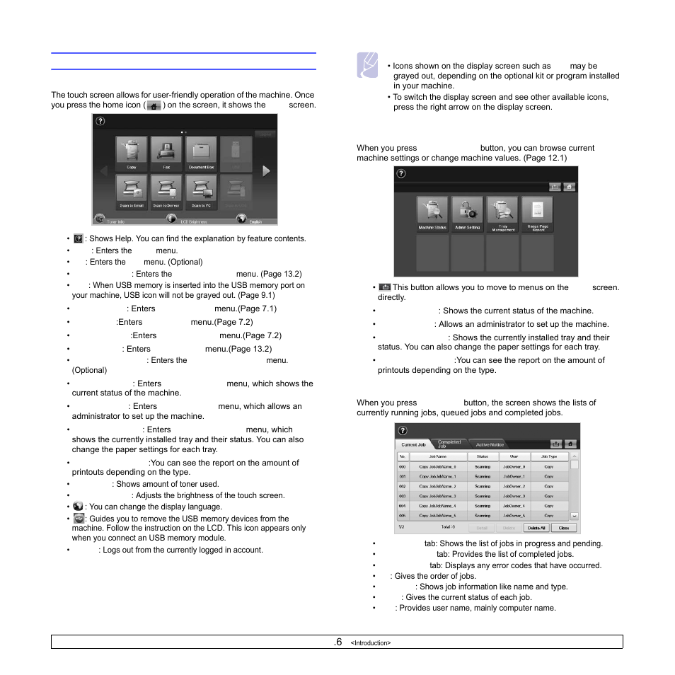 Introducing the touch screen and useful buttons, Touch screen, Machine setup button | Job status button, Touch screen machine setup, Job status | Samsung CLX-8540ND User Manual | Page 23 / 210