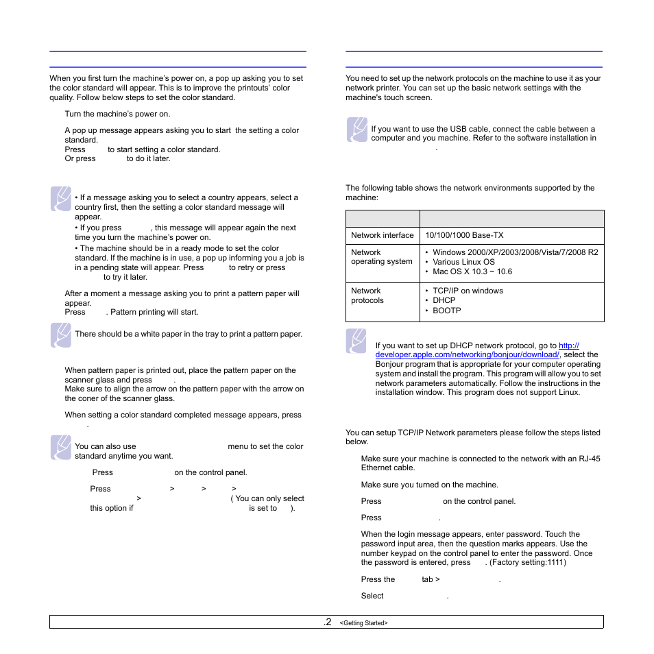 Setting a color standard, Setting up the network, Supported operating systems | Configuring network protocol via the machine, Setting a color standard setting up the network | Samsung CLX-8540ND User Manual | Page 30 / 210