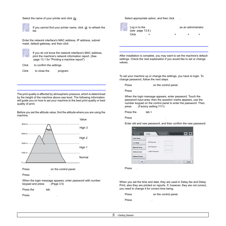 Altitude adjustment, Machine's basic settings, Setting the authentication password | Setting the date and time, Altitude adjustment machine's basic settings | Samsung CLX-8540ND User Manual | Page 33 / 210