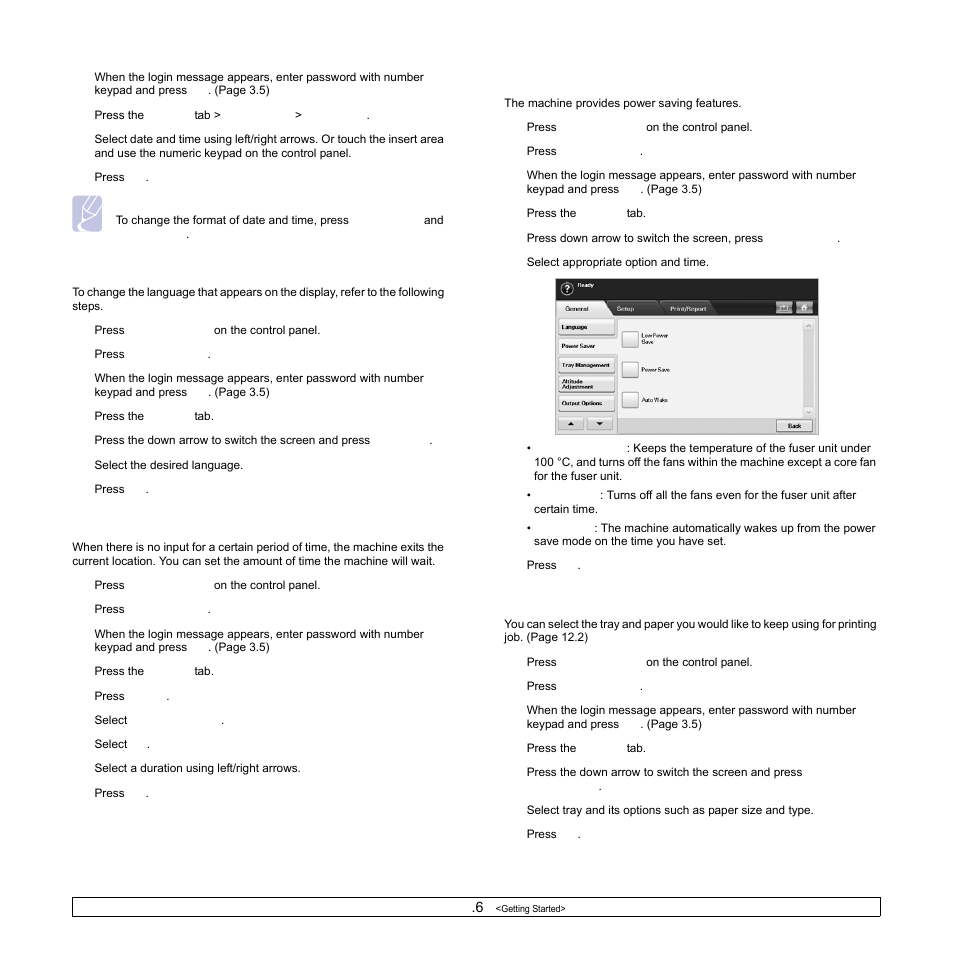 Changing the display language, Setting job timeout, Using power saving feature | Setting the default tray and paper | Samsung CLX-8540ND User Manual | Page 34 / 210