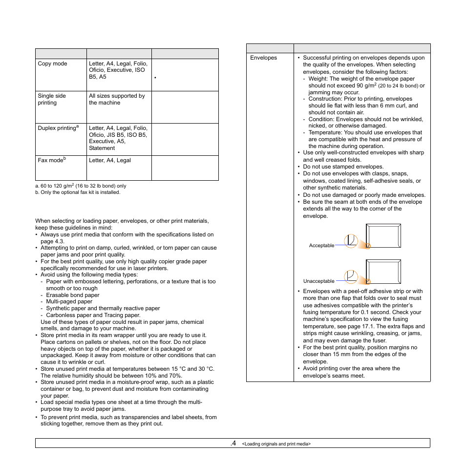 Media sizes supported in each mode, Guidelines for selecting and storing print media | Samsung CLX-8540ND User Manual | Page 39 / 210