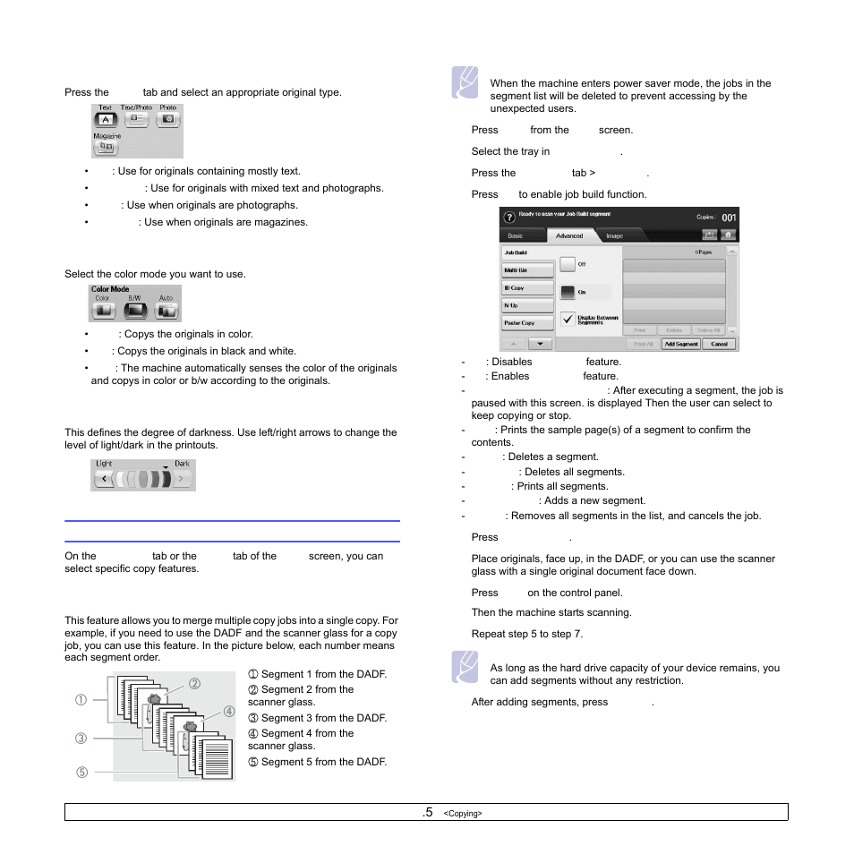 Selecting the type of originals, Color mode, Changing the darkness | Using special copy features, Merging multiple jobs as a single copy, E 5.5) | Samsung CLX-8540ND User Manual | Page 49 / 210