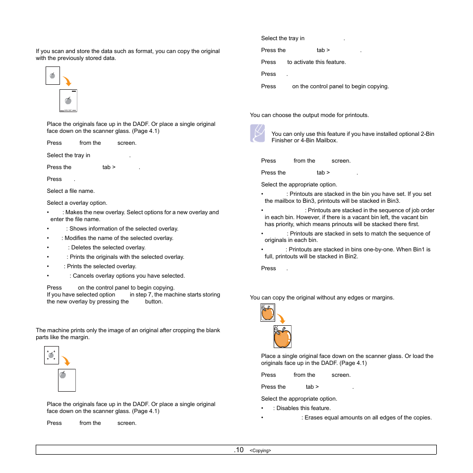 Overlay copying, Auto crop copying, Multi-bin | Erasing edges | Samsung CLX-8540ND User Manual | Page 54 / 210