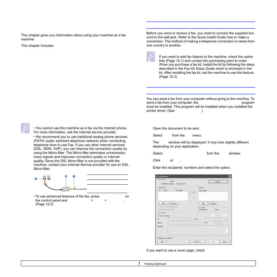 Faxing (optional), Preparing to fax, Sending a fax from a computer | Sending a fax from your computer, Preparing to fax sending a fax from a computer | Samsung CLX-8540ND User Manual | Page 56 / 210