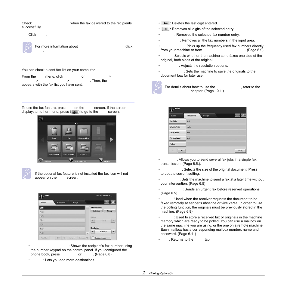 Checking a sent fax list, Understanding the fax screen, Basic tab | Advanced tab, Basic, Advanced, Age 6.2) | Samsung CLX-8540ND User Manual | Page 57 / 210