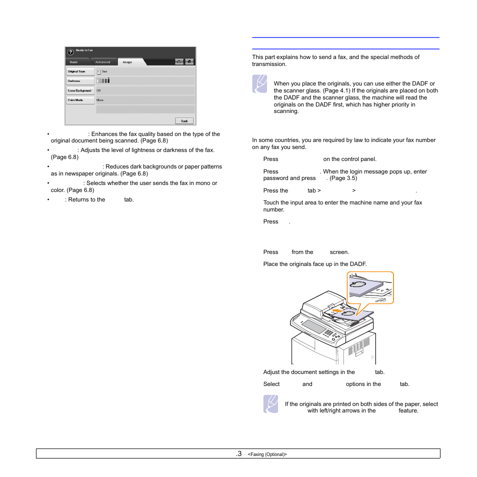 Image tab, Sending a fax, Setting the fax header | Image, Setting the fax header sending a fax | Samsung CLX-8540ND User Manual | Page 58 / 210