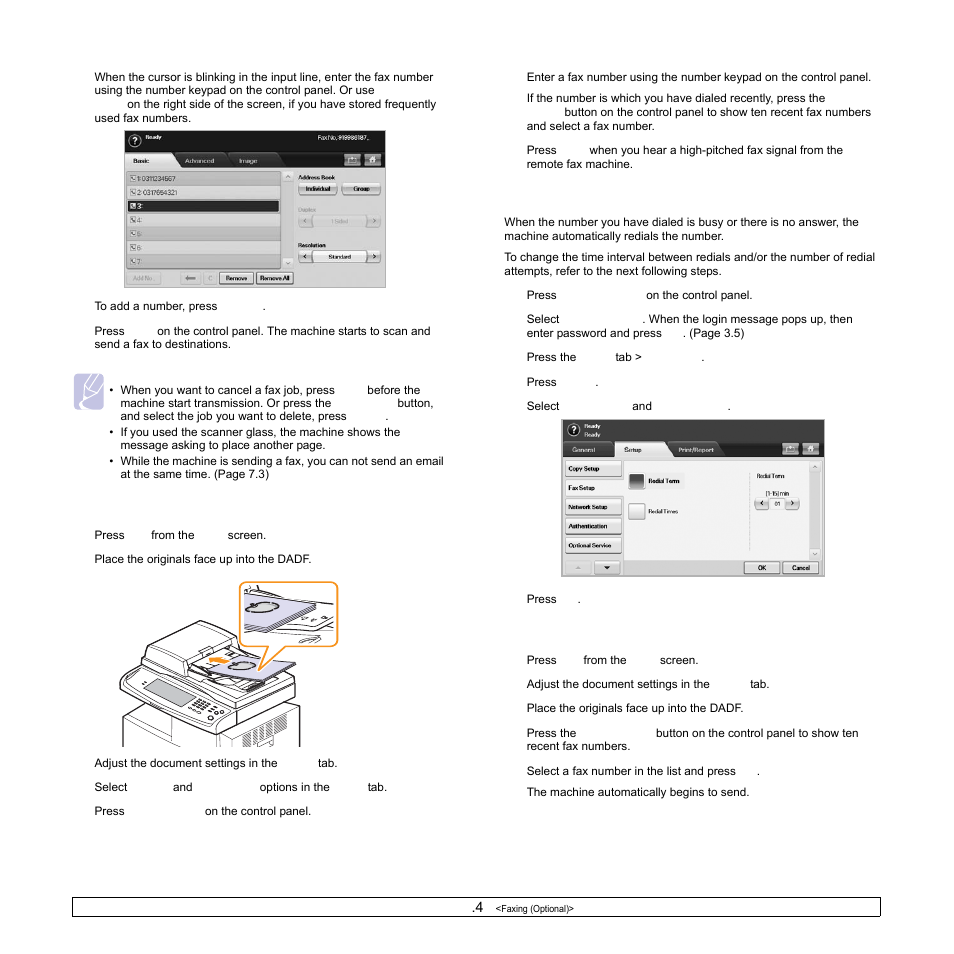 Sending a fax manually (on hook dial), Automatic resending, Redialing the last number | Sending a fax manually ( on hook dial, Automatic resending redialing the last number | Samsung CLX-8540ND User Manual | Page 59 / 210