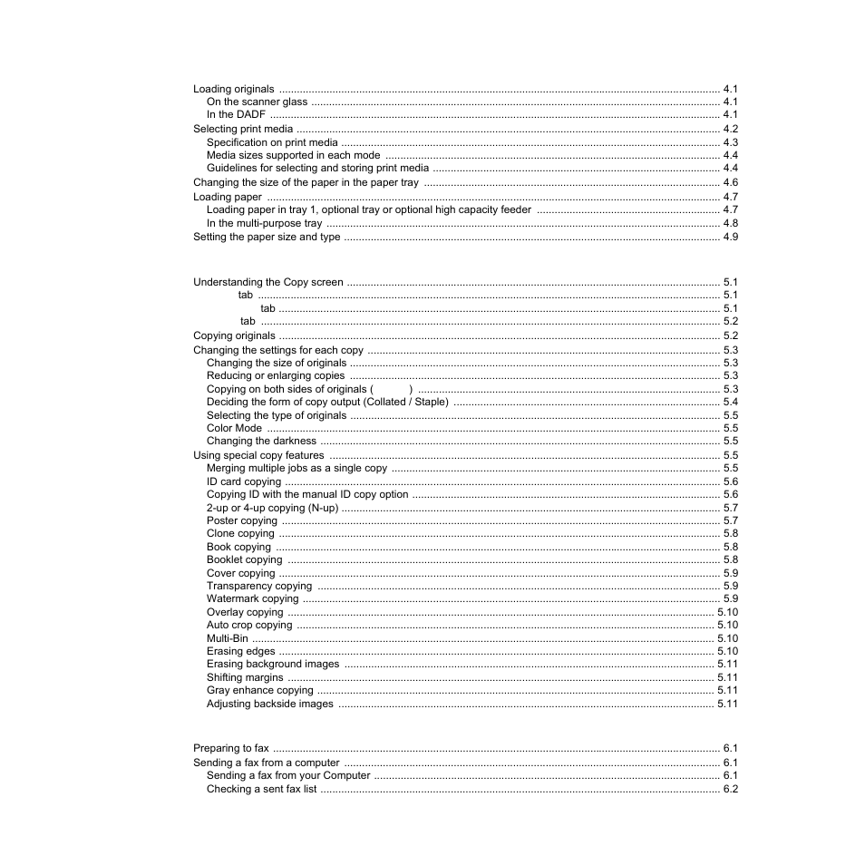 Loading originals and print media, Copying, Faxing (optional) | Samsung CLX-8540ND User Manual | Page 6 / 210