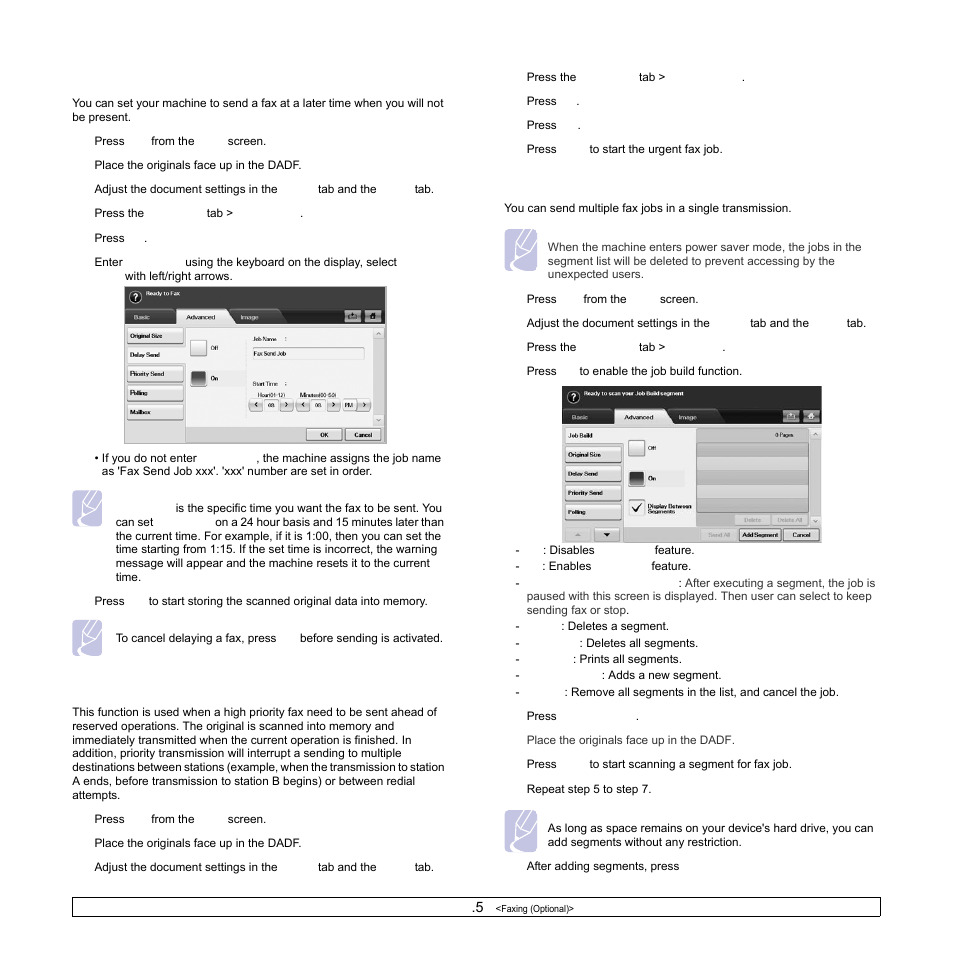 Delaying a fax transmission, Sending a priority fax, Sending multiple faxes in a single transmission | E 6.5 | Samsung CLX-8540ND User Manual | Page 60 / 210