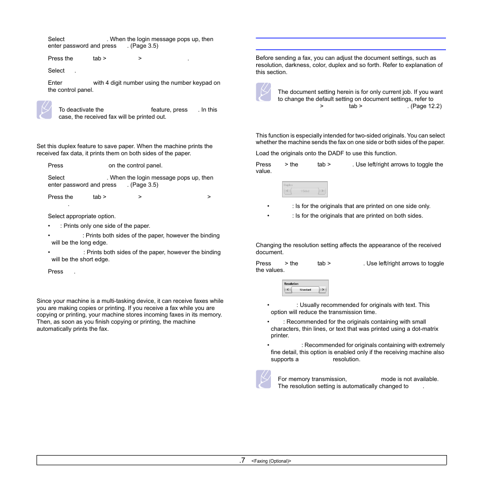 Printing received faxes on both sides of the paper, Receiving faxes in memory, Adjusting the document settings | Duplex, Resolution | Samsung CLX-8540ND User Manual | Page 62 / 210