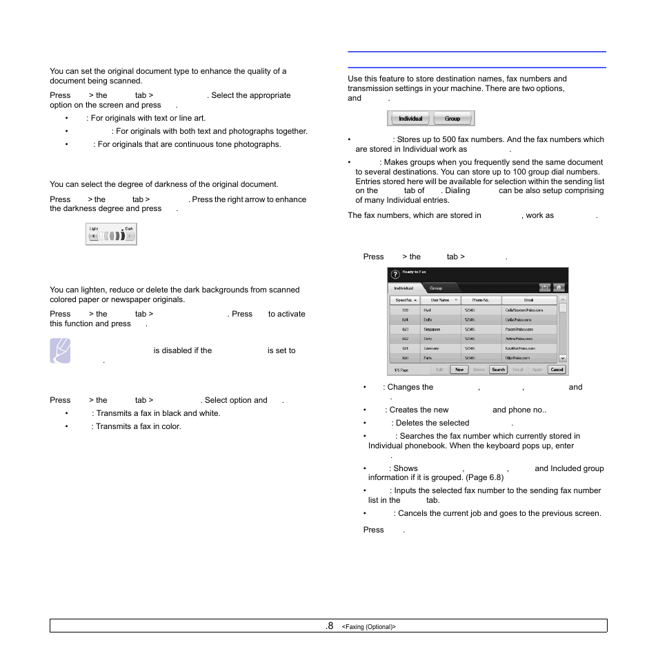 Original type, Darkness, Erase background | Color mode, Setting up a fax phonebook, Storing individual phone numbers (speed no.), Storing individual phone numbers ( speed no, Ge 6.8), E 6.8), E 6.8 | Samsung CLX-8540ND User Manual | Page 63 / 210