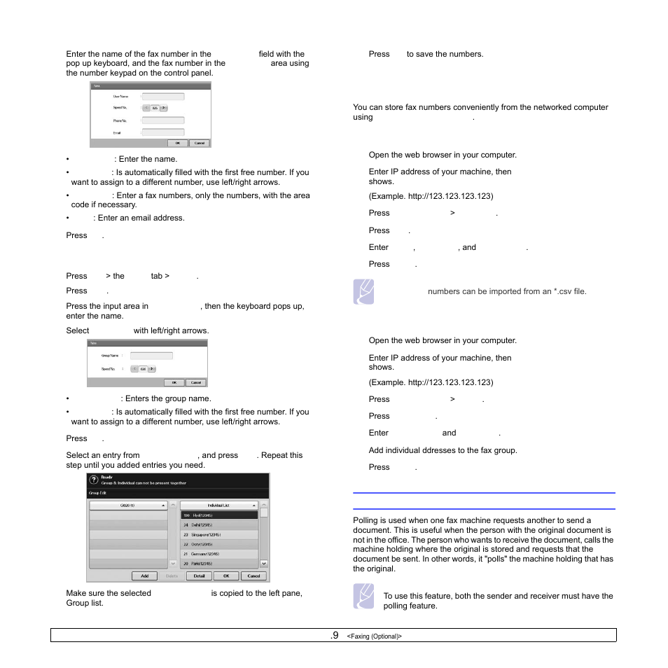 Storing group fax numbers (group no.), Using the polling option, Storing group fax numbers | Setting up a fax phonebook using, Ge 6.9) | Samsung CLX-8540ND User Manual | Page 64 / 210