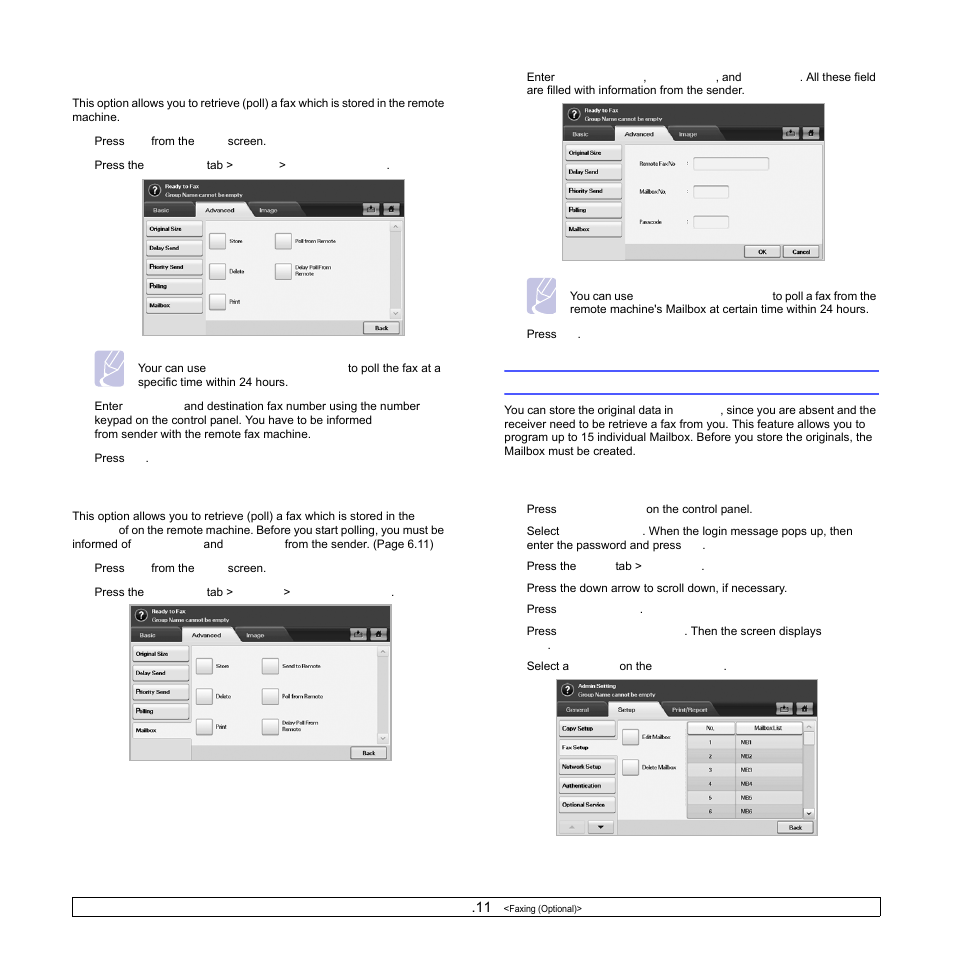 Polling a remote fax, Polling from a remote mailbox, Using mailbox | Creating mailbox, Polling a remote fax polling from a remote, Creating ma | Samsung CLX-8540ND User Manual | Page 66 / 210