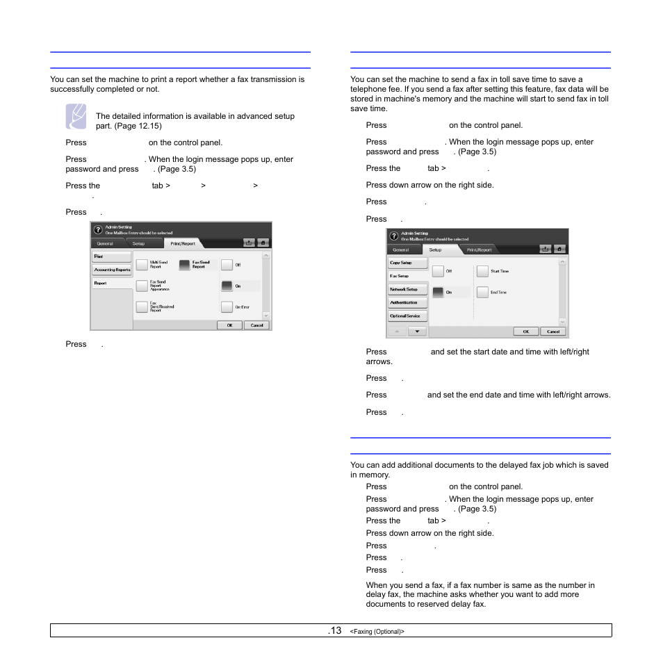 Printing a report after sending a fax, Sending a fax in toll save time, Adding documents to a reserved delay fax job | Samsung CLX-8540ND User Manual | Page 68 / 210