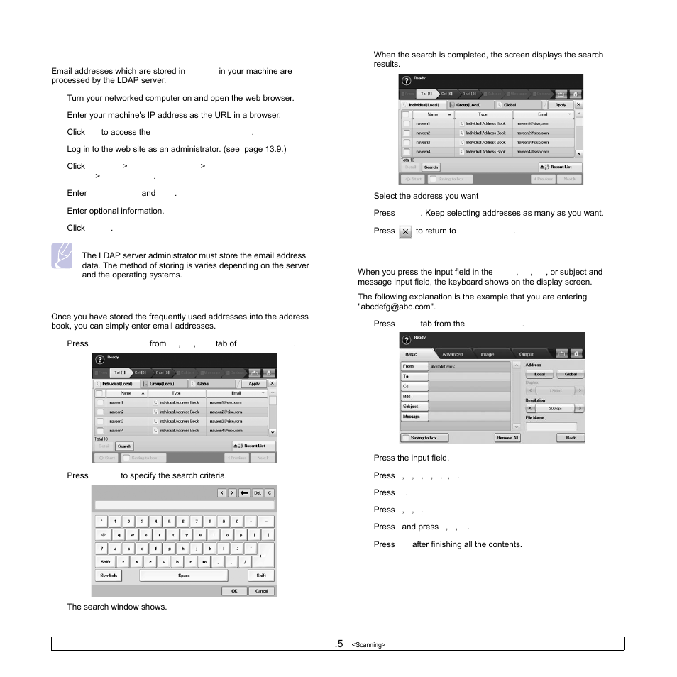 Entering email addresses by the address book, Entering email addresses by the keyboard | Samsung CLX-8540ND User Manual | Page 75 / 210