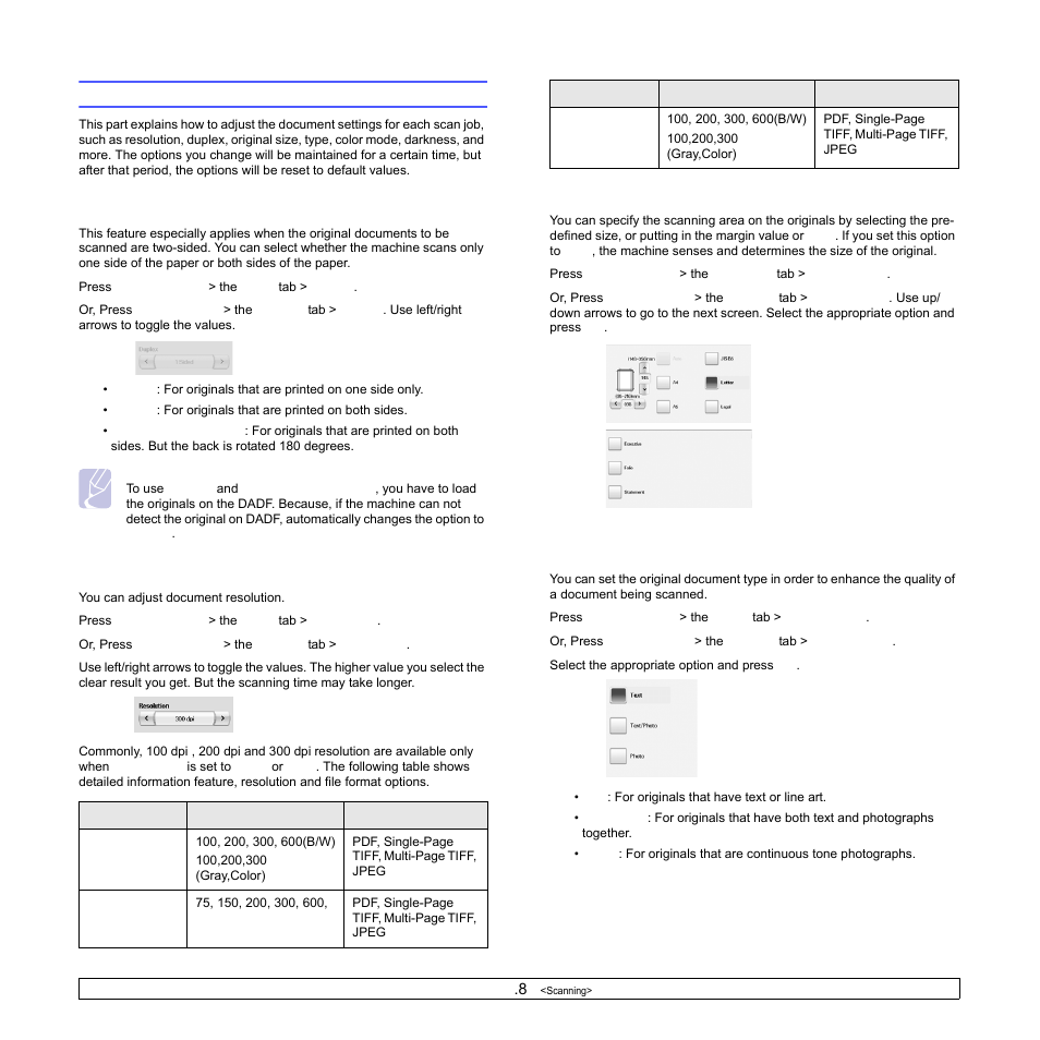 Changing the scan feature settings, Duplex, Resolution | Original size, Original type, E 7.8) | Samsung CLX-8540ND User Manual | Page 78 / 210