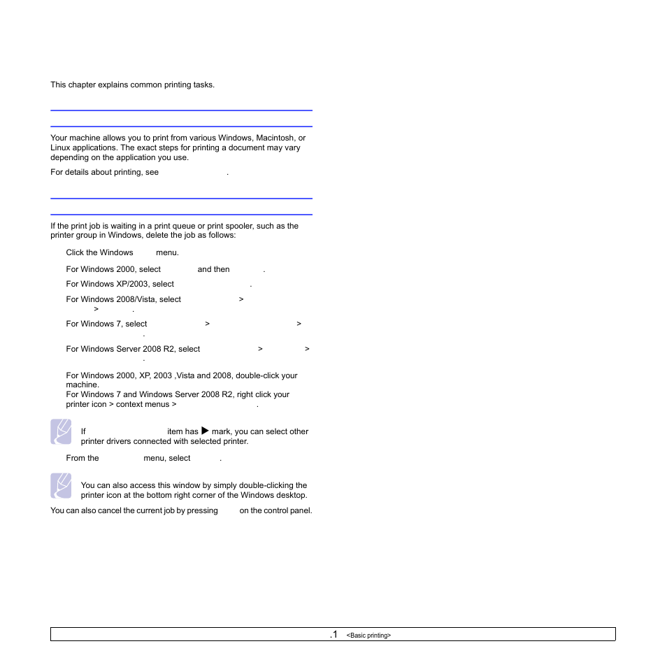 Basic printing, Printing a document, Canceling a print job | Printing a document canceling a print job | Samsung CLX-8540ND User Manual | Page 81 / 210