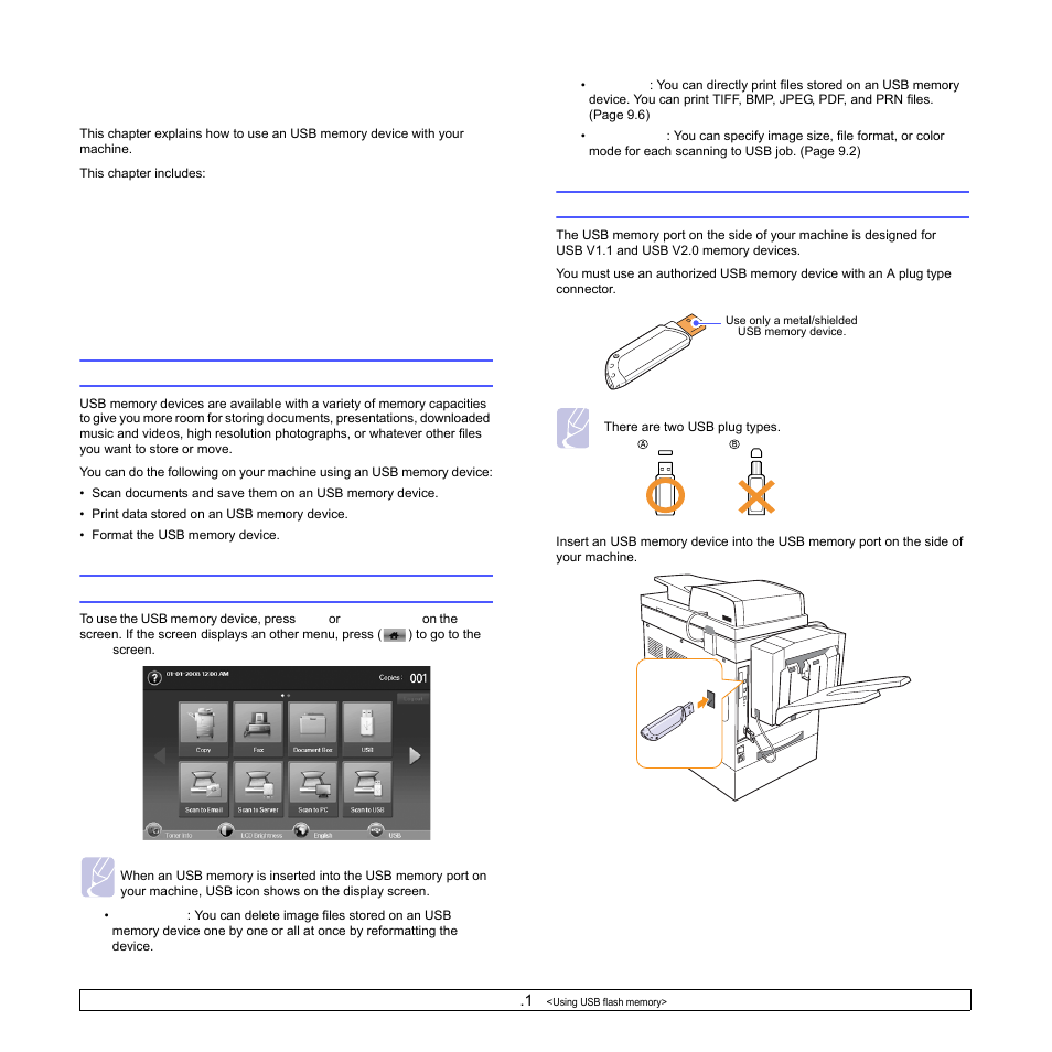 Using usb flash memory, About usb memory, Understanding the usb screen | Plugging in an usb memory device | Samsung CLX-8540ND User Manual | Page 82 / 210