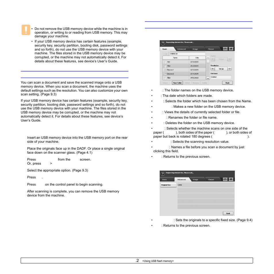 Scanning to an usb memory device, Scanning, Scan to usb | Basic tab, Advanced tab, Basic, Advanced | Samsung CLX-8540ND User Manual | Page 83 / 210