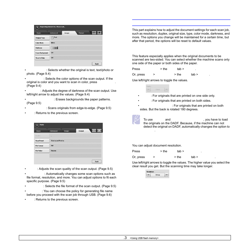 Image tab, Output tab, Changing the scan feature settings | Duplex, Resolution, Image, Output, Ge 9.3) | Samsung CLX-8540ND User Manual | Page 84 / 210