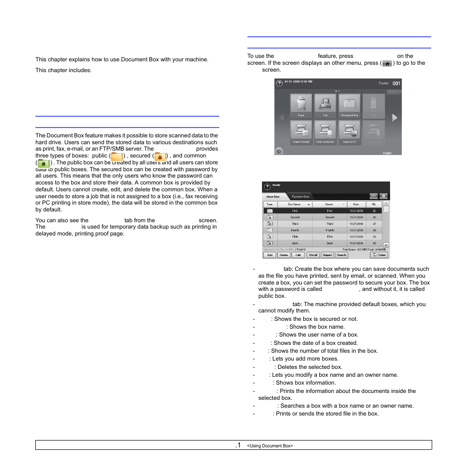 Using document box, About document box, Understanding the document box screen | Document box screen, About document box understanding the document box | Samsung CLX-8540ND User Manual | Page 88 / 210