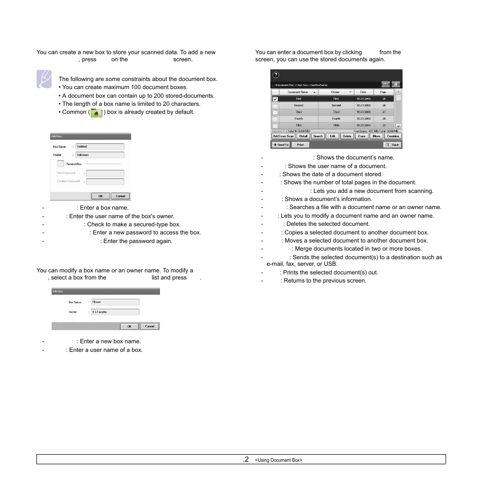 Box adding screen, Edit a box screen, Document list screen | Samsung CLX-8540ND User Manual | Page 89 / 210