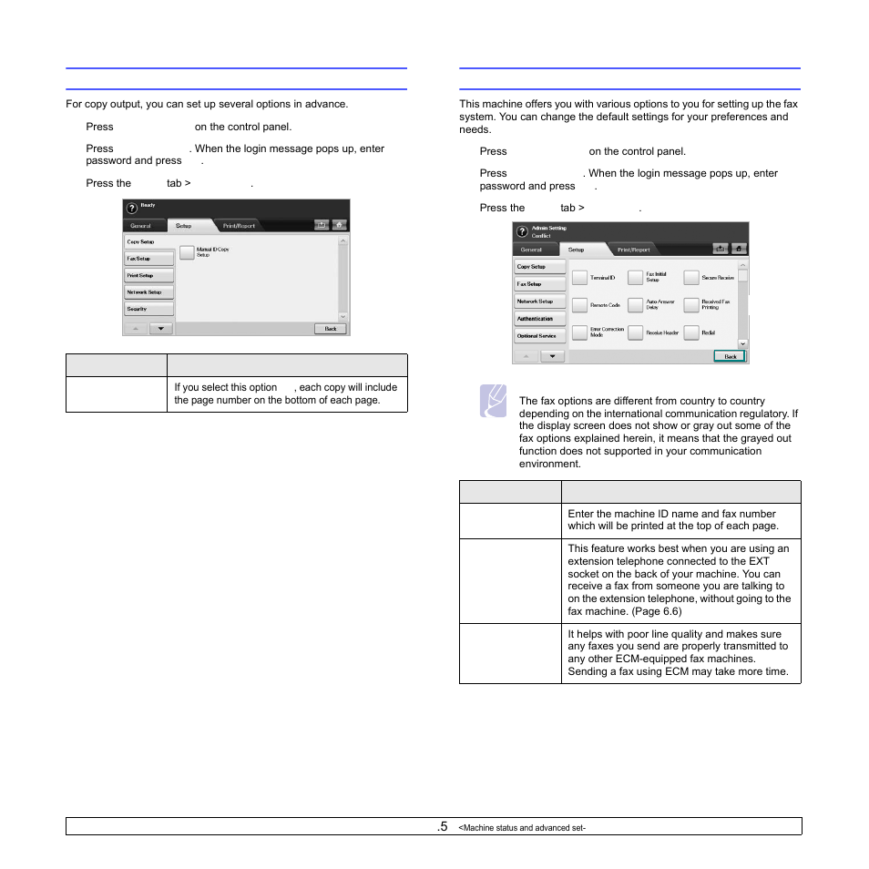 Copy setup, Fax setup | Samsung CLX-8540ND User Manual | Page 98 / 210