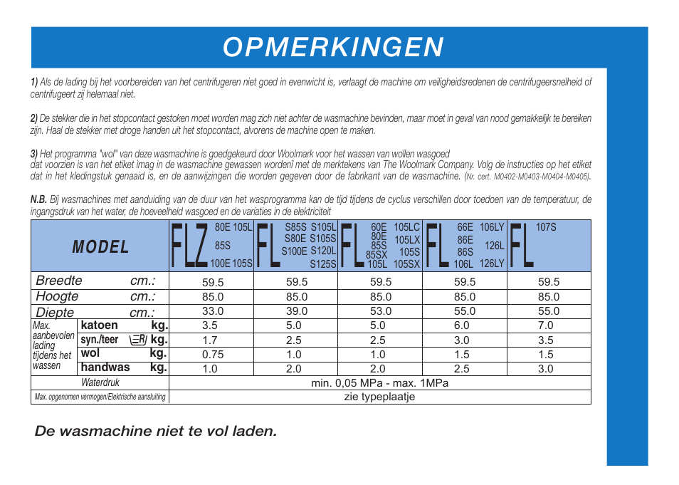 Opmerkingen, Model | Ardo FL106LY User Manual | Page 42 / 96