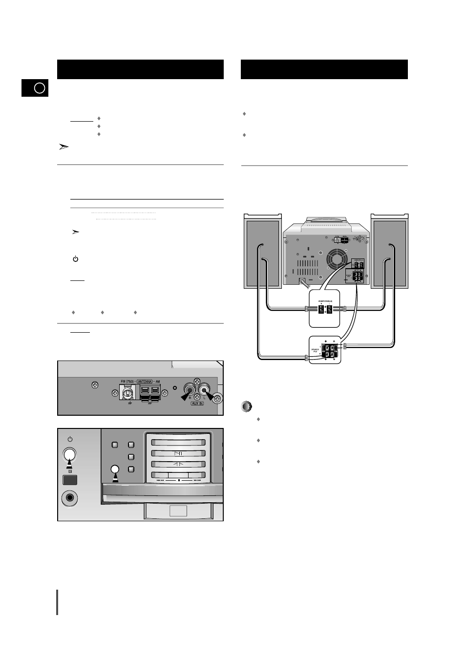Connecting to an external source, Speaker connection, Directions in installing speaker | Samsung MM-B9 User Manual | Page 8 / 23