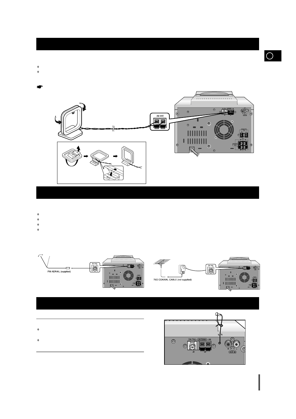 Connecting the am (mw)/lw aerial, Connecting the fm aerial, Connecting the sw aerial (option) | Samsung MM-B9 User Manual | Page 9 / 23