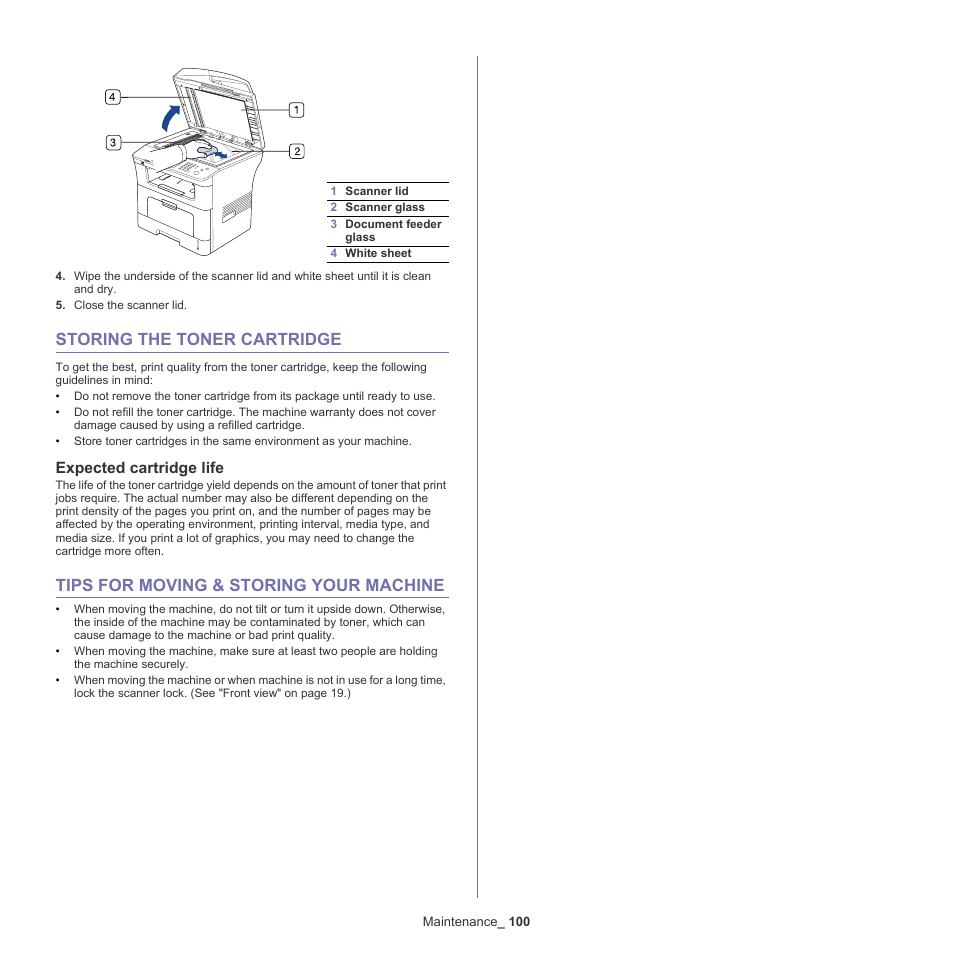 Storing the toner cartridge, Tips for moving & storing your machine, Expected cartridge life | Samsung SCX-5835NX User Manual | Page 100 / 133