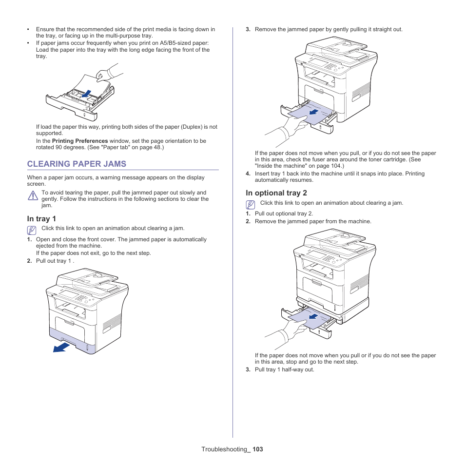 Clearing paper jams, See "clearing | Samsung SCX-5835NX User Manual | Page 103 / 133