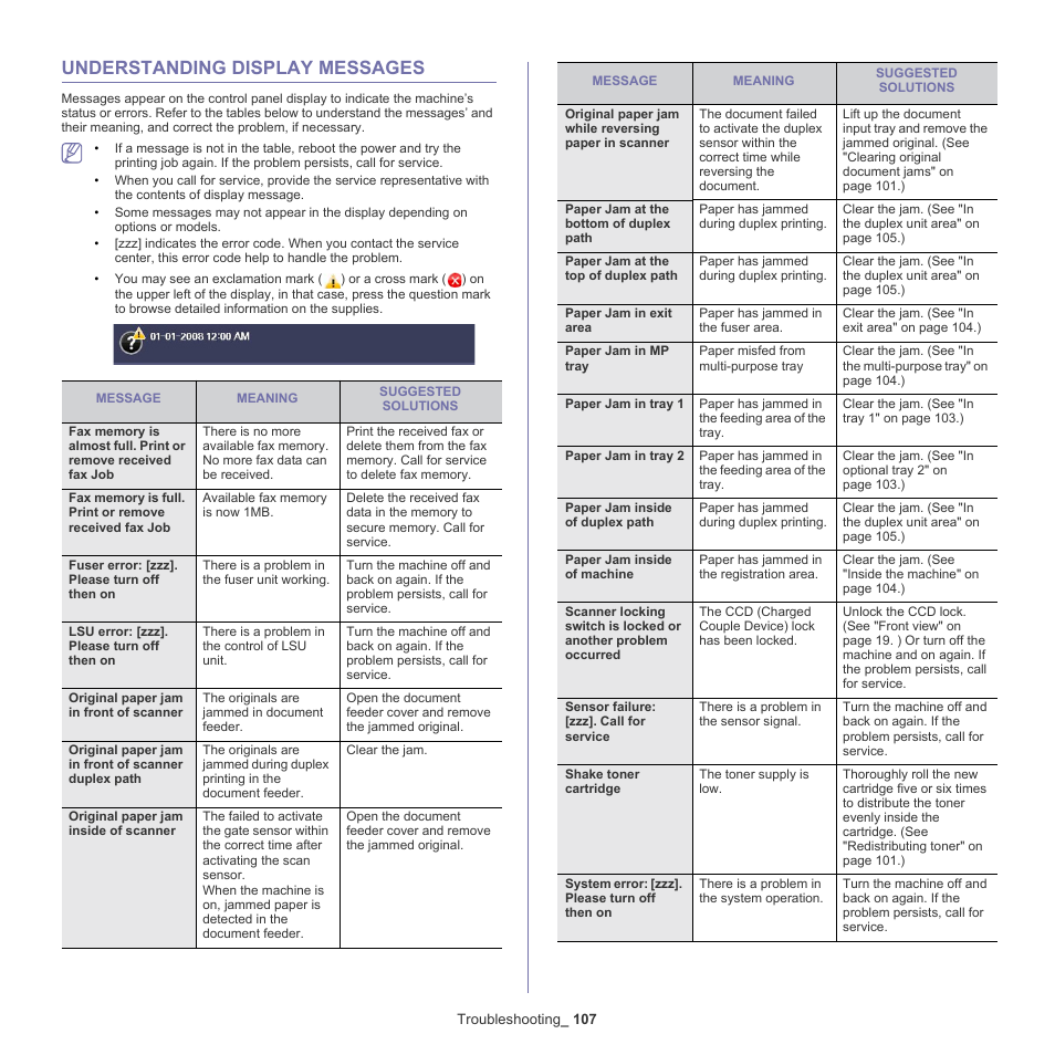 Understanding display messages, Understanding, Understanding display messages" on | Samsung SCX-5835NX User Manual | Page 107 / 133