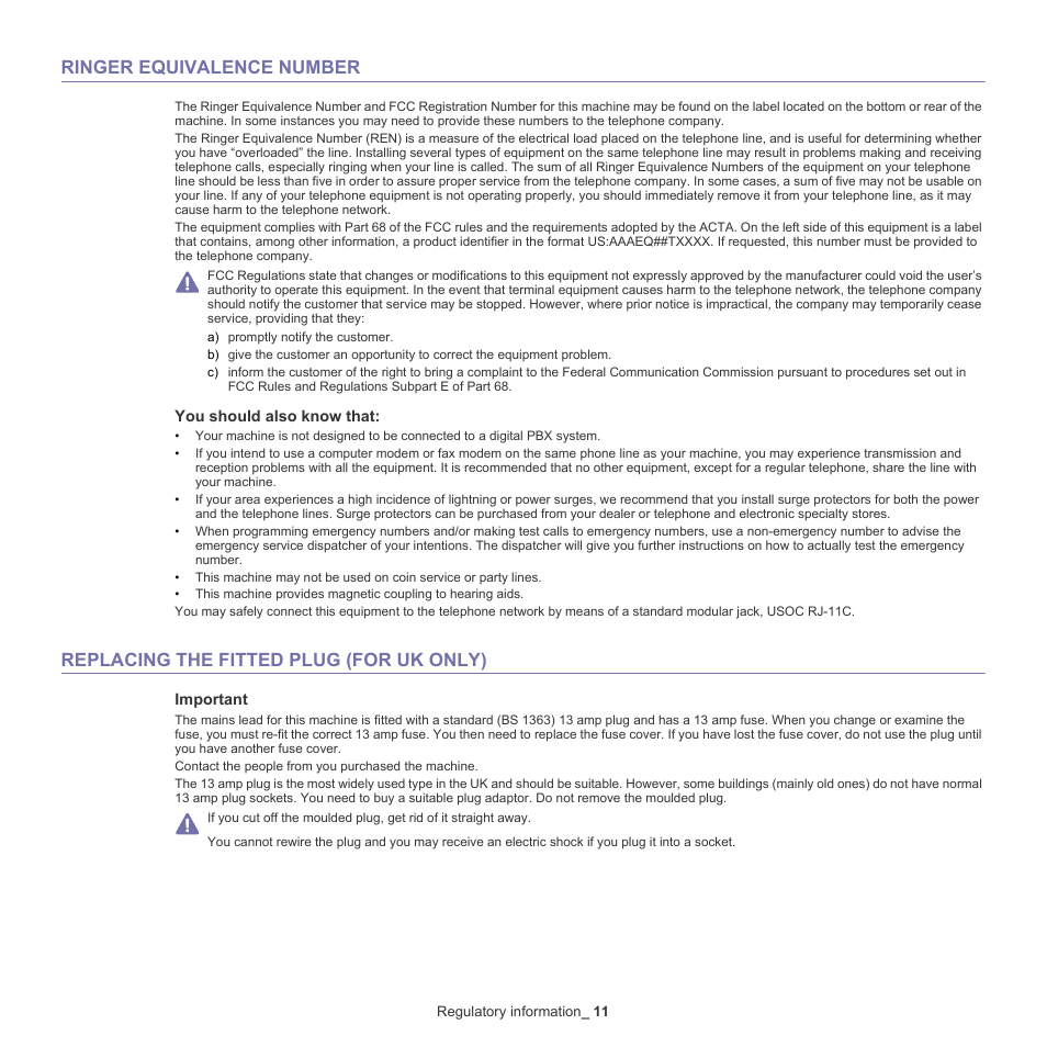 Ringer equivalence number, Replacing the fitted plug (for uk only) | Samsung SCX-5835NX User Manual | Page 11 / 133