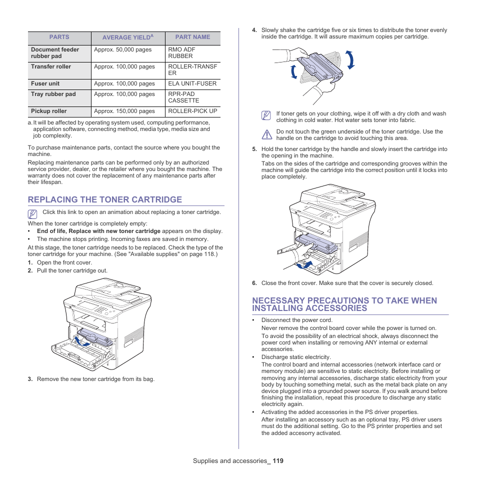 Replacing the toner cartridge, Replacing the, Replacing the toner cartridge" on | Replacing the toner, See "replacing the toner, See "replacing the toner cartridge" on, Ne. (see "replacing the toner cartridge" on | Samsung SCX-5835NX User Manual | Page 119 / 133